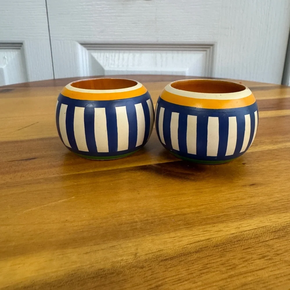 Vintage hand painted striped wooden‎ napkin rings set of 2